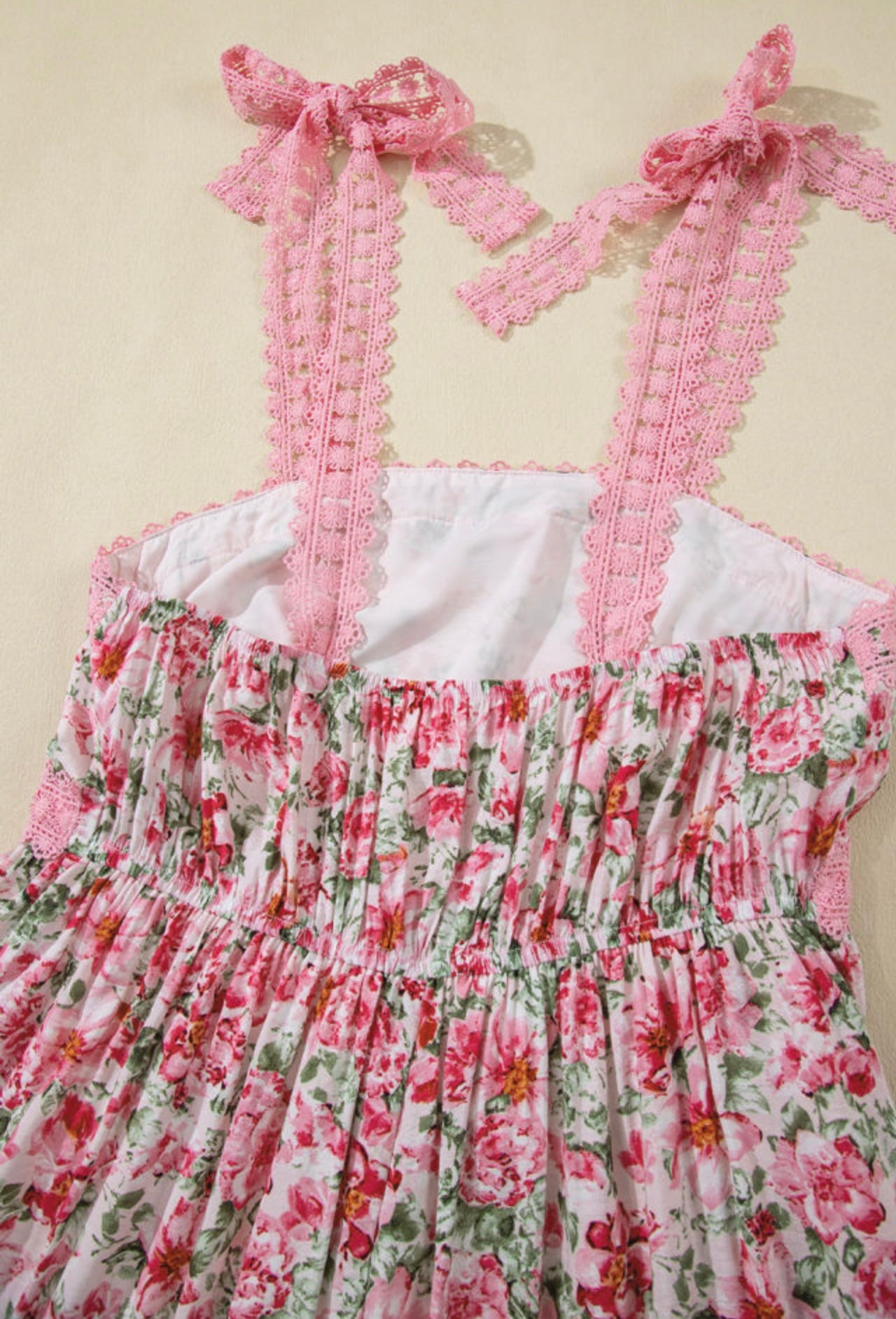 Pink Floral Dress with Lace Tied Straps