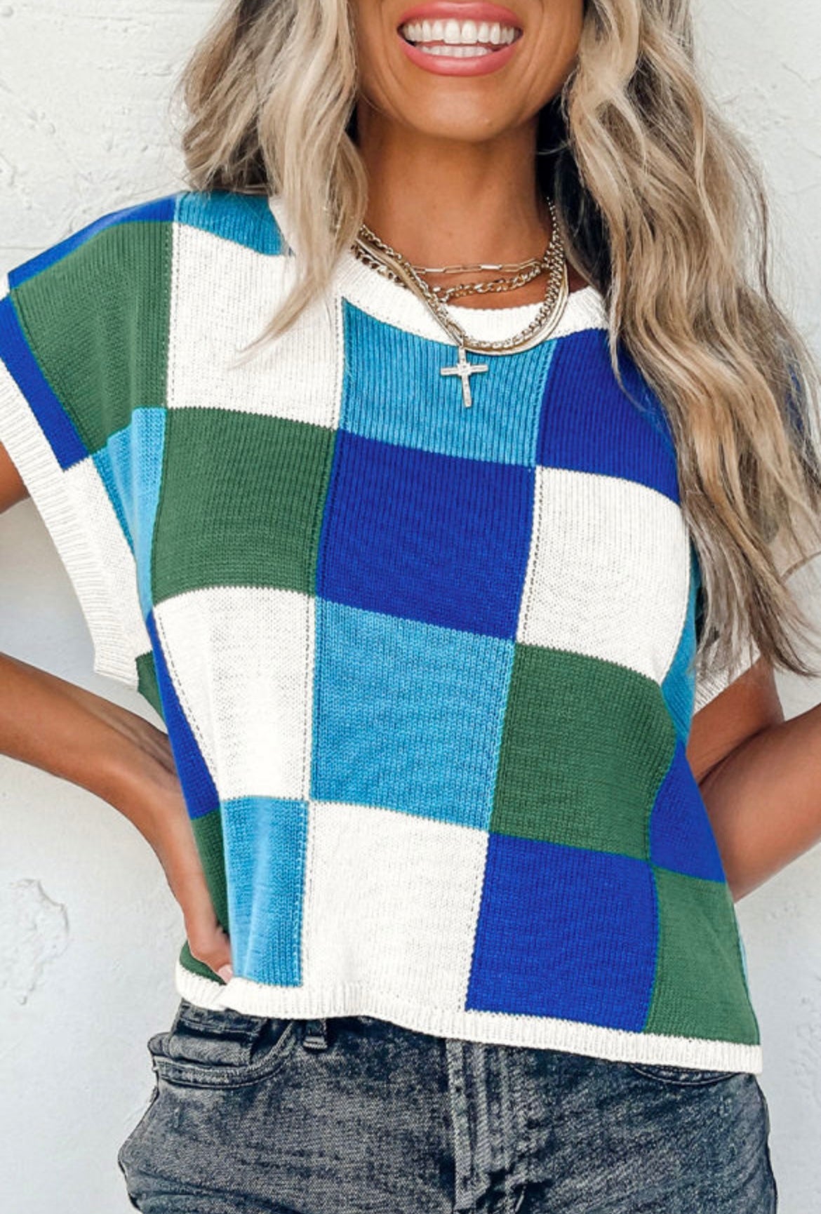 Blue Color Block Cap Sleeve Sweater